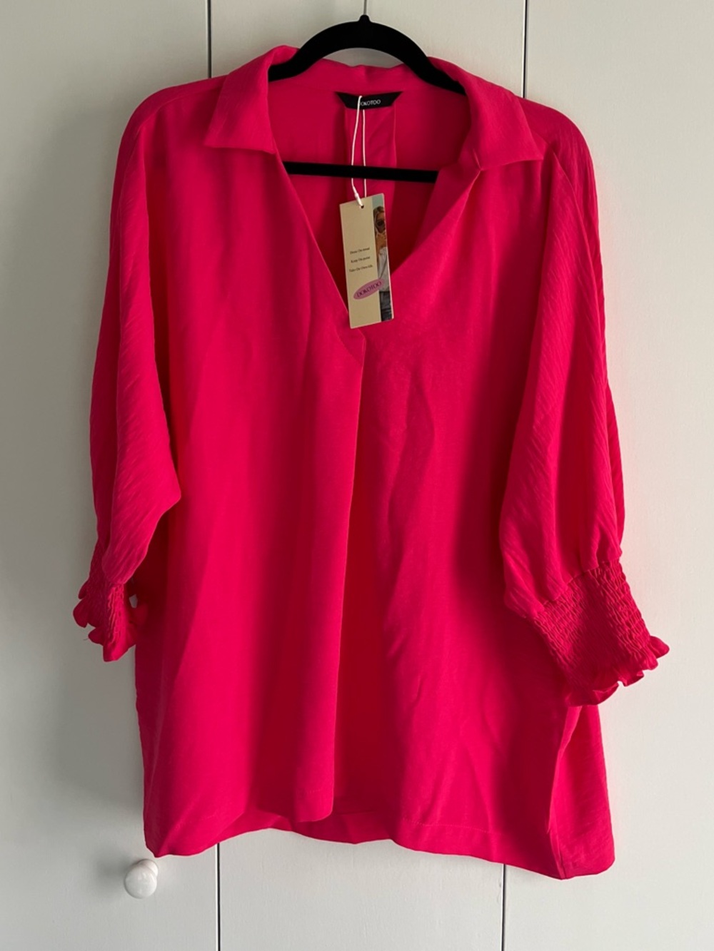 Bright Pink Women's Dressy Casual V Neck 3/4 Length Sleeve Blouse